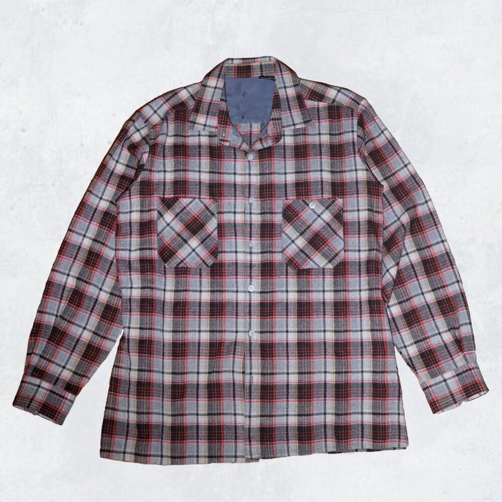 Vintage 60’s 70's Wool Blend Flannel Red Gray Tartan Plaid Shirt Size Medium